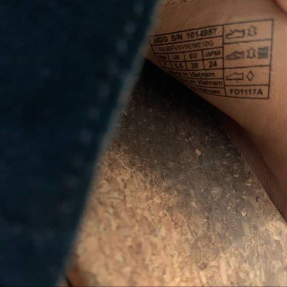 Ugg cork fringe black suede peep toe wedge platform sandals shoes size 7 heels - Picture 8 of 9